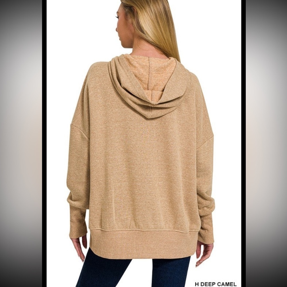 ZENANA DARK PLUM  HALF BUTTON FLEECE HOODED PULLOVER - Picture 4 of 5